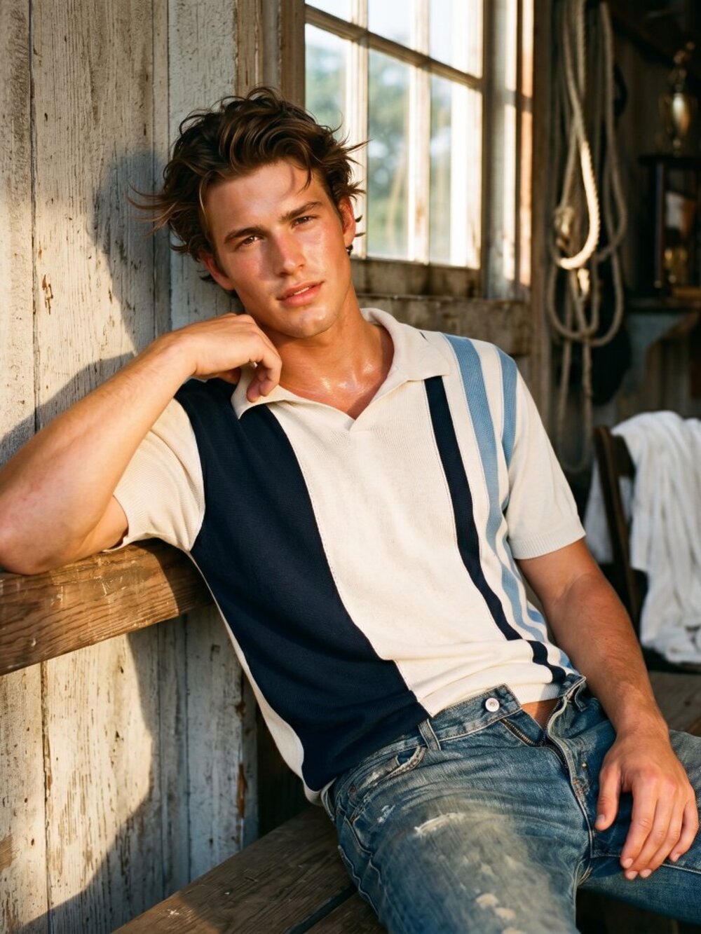 Blend Mens M Polo Cream Knit Striped Shirt Investment Piece Quiet Luxury Look